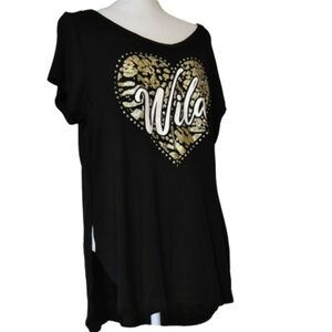 Insta Girl Black Scoop Neck Wild Heart Side Slit Loose Fit Top T-SHIRT Nightgown